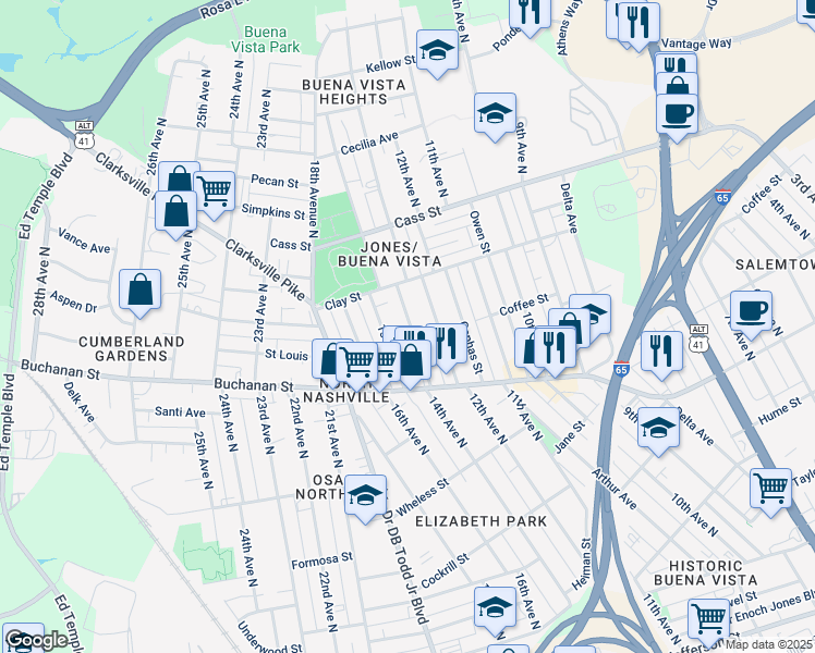 map of restaurants, bars, coffee shops, grocery stores, and more near 1818 14th Avenue in Nashville