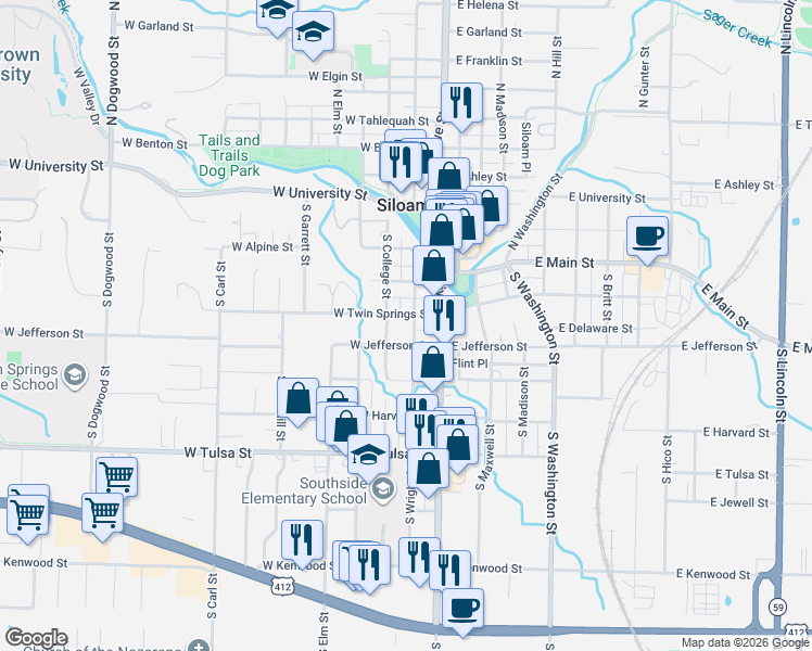 map of restaurants, bars, coffee shops, grocery stores, and more near 167 West Jefferson Street in Siloam Springs