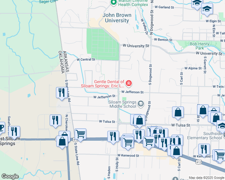 map of restaurants, bars, coffee shops, grocery stores, and more near 1601-1763 West Jefferson Street in Siloam Springs