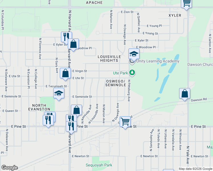 map of restaurants, bars, coffee shops, grocery stores, and more near 1820 North Marion Avenue in Tulsa