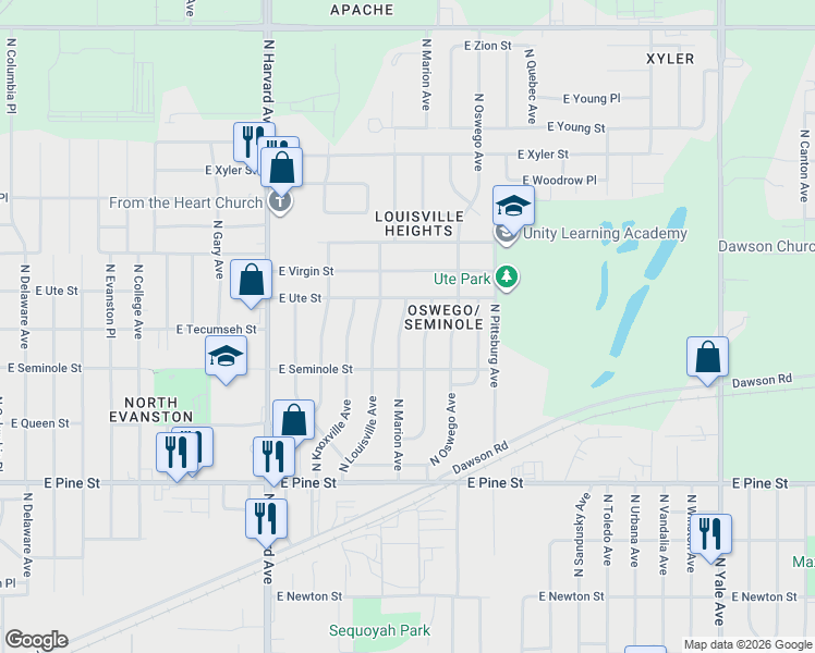 map of restaurants, bars, coffee shops, grocery stores, and more near 1820 North Marion Avenue in Tulsa