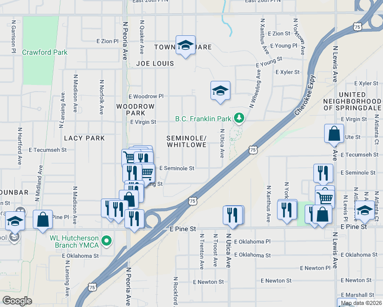 map of restaurants, bars, coffee shops, grocery stores, and more near 1808 North Trenton Avenue in Tulsa