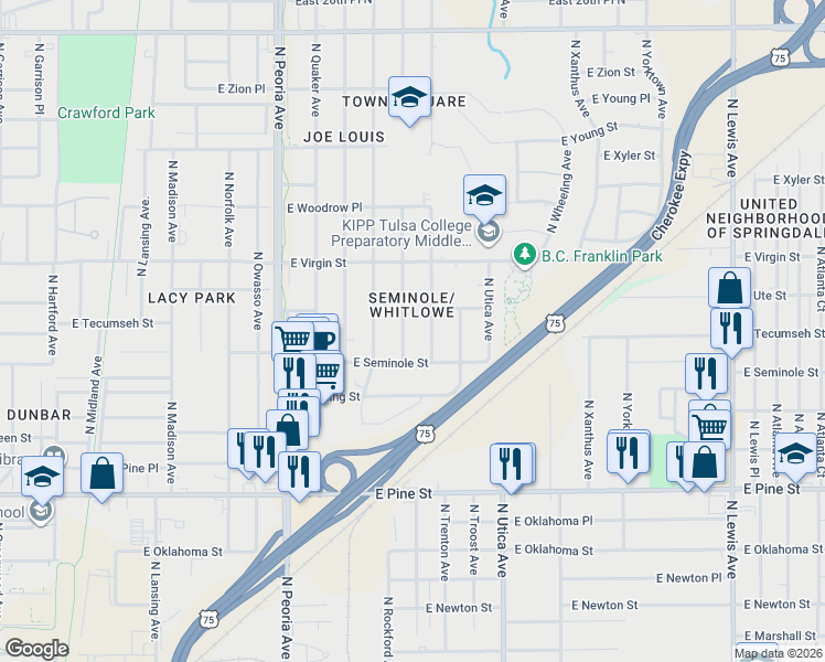 map of restaurants, bars, coffee shops, grocery stores, and more near 1808 North Trenton Avenue in Tulsa