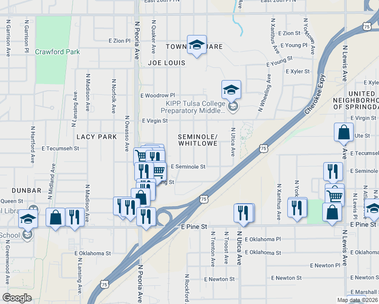 map of restaurants, bars, coffee shops, grocery stores, and more near 1814 North Saint Louis Avenue in Tulsa