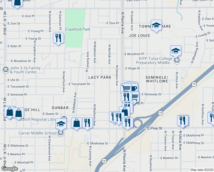 map of restaurants, bars, coffee shops, grocery stores, and more near 1827 North Norfolk Avenue in Tulsa