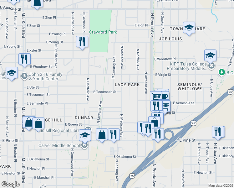 map of restaurants, bars, coffee shops, grocery stores, and more near 793 East Seminole Place in Tulsa