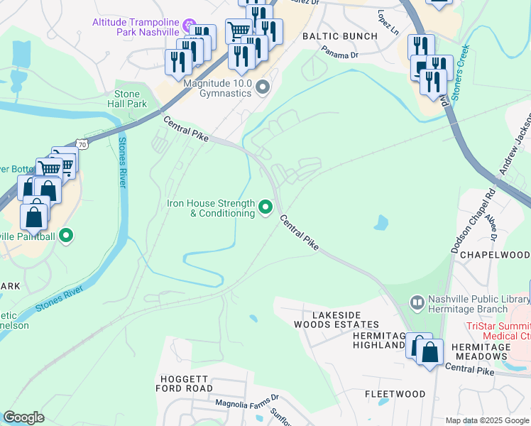 map of restaurants, bars, coffee shops, grocery stores, and more near 3664 Central Pike in Nashville