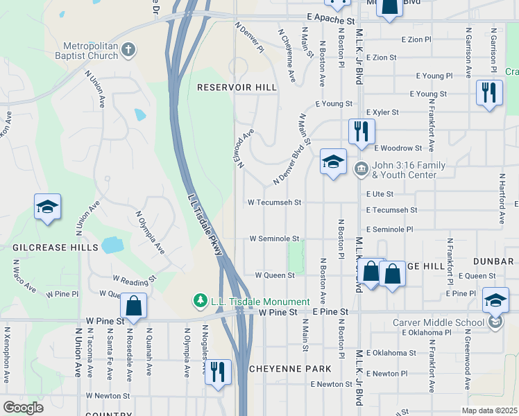 map of restaurants, bars, coffee shops, grocery stores, and more near 1844 North Denver Avenue in Tulsa