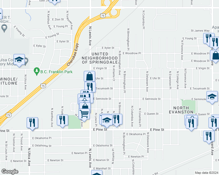 map of restaurants, bars, coffee shops, grocery stores, and more near 1824 North Atlanta Court in Tulsa