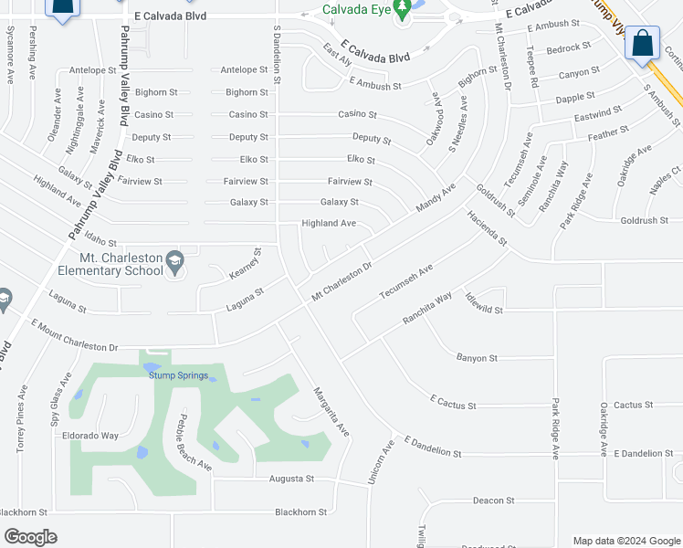 map of restaurants, bars, coffee shops, grocery stores, and more near 2620 South Mount Charleston Drive East in Pahrump