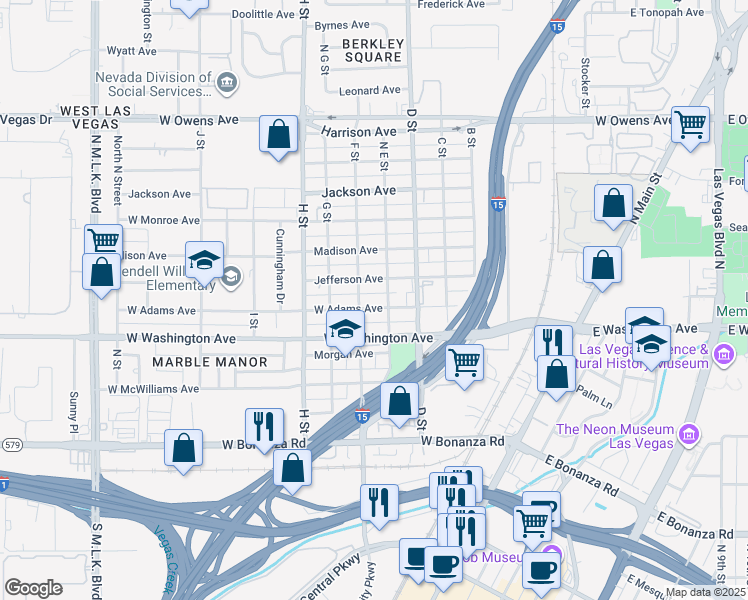 map of restaurants, bars, coffee shops, grocery stores, and more near 512 W Adams Ave in Las Vegas