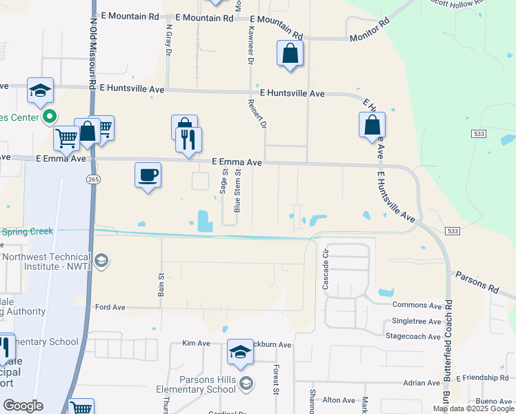 map of restaurants, bars, coffee shops, grocery stores, and more near 283 Erin Place in Springdale