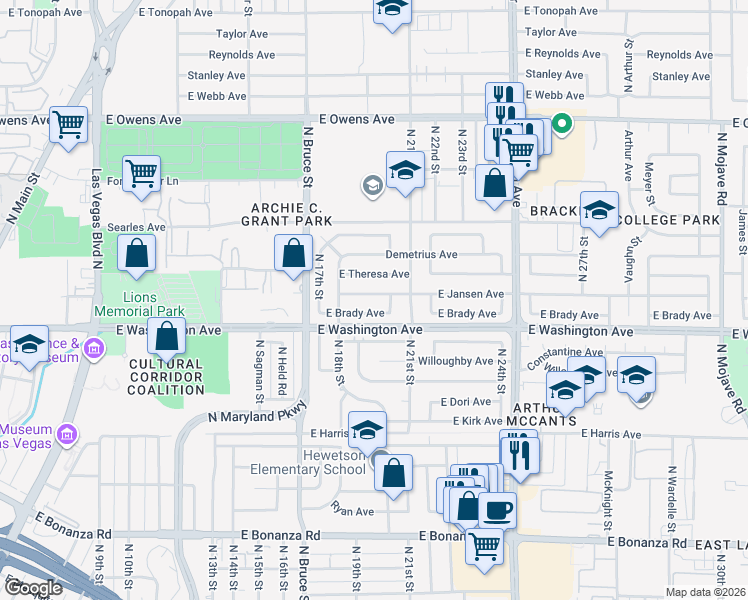 map of restaurants, bars, coffee shops, grocery stores, and more near 1908 East Jansen Avenue in Las Vegas