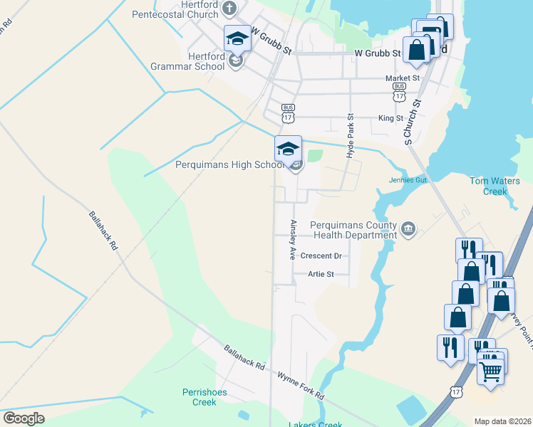 map of restaurants, bars, coffee shops, grocery stores, and more near 414 South Edenton Road Street in Hertford
