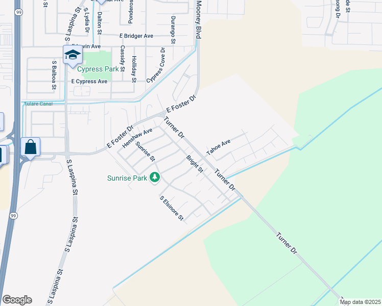 map of restaurants, bars, coffee shops, grocery stores, and more near 1975 Bass Lake Avenue in Tulare