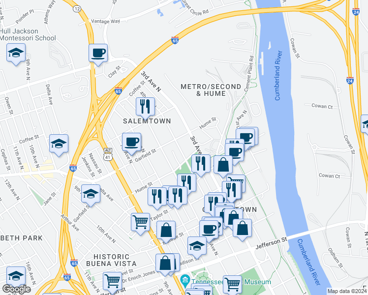 map of restaurants, bars, coffee shops, grocery stores, and more near 1610 4th Avenue North in Nashville