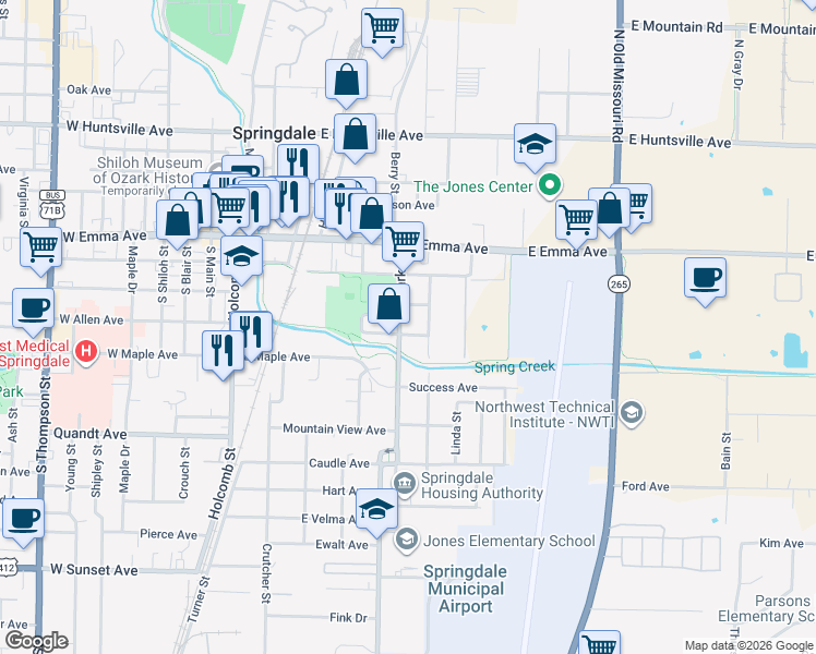 map of restaurants, bars, coffee shops, grocery stores, and more near 400 Park St in Springdale