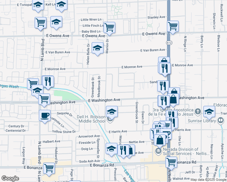 map of restaurants, bars, coffee shops, grocery stores, and more near 4720 East Washington Avenue in Las Vegas