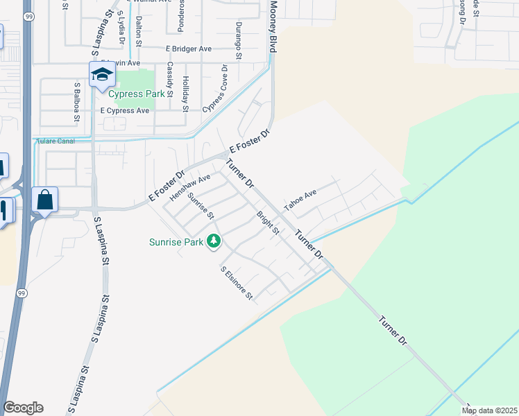 map of restaurants, bars, coffee shops, grocery stores, and more near 1975 Bass Lake Avenue in Tulare