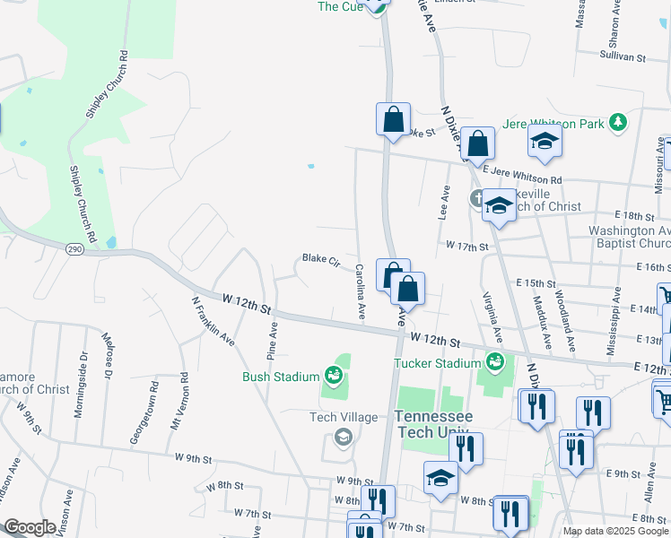 map of restaurants, bars, coffee shops, grocery stores, and more near 1224C Carolina Avenue in Cookeville