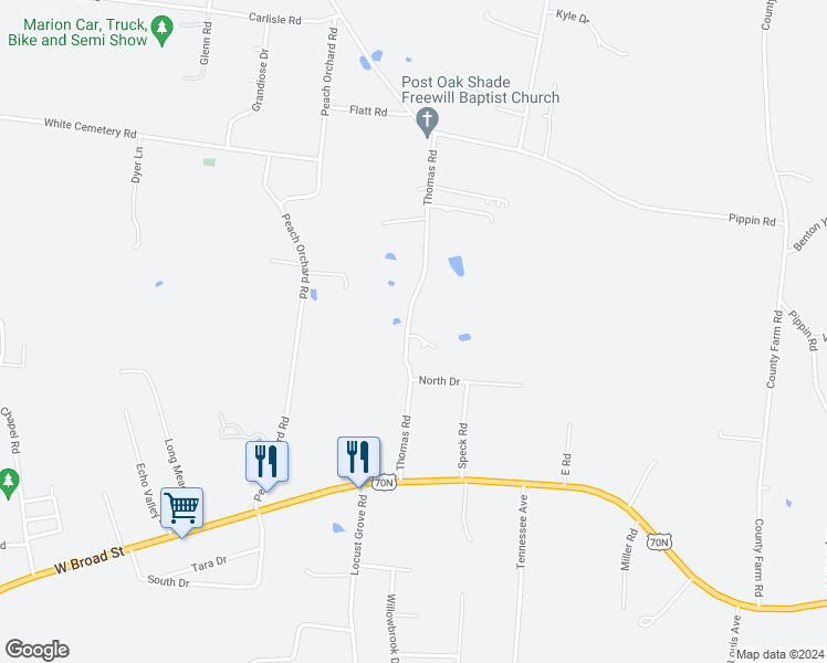 map of restaurants, bars, coffee shops, grocery stores, and more near 357 Thomas Road in Cookeville