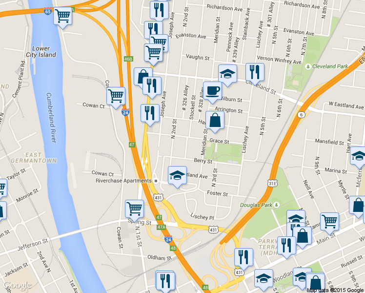map of restaurants, bars, coffee shops, grocery stores, and more near 209 Berry Street in Nashville