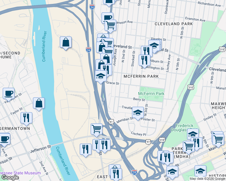 map of restaurants, bars, coffee shops, grocery stores, and more near 123 Berry Street in Nashville