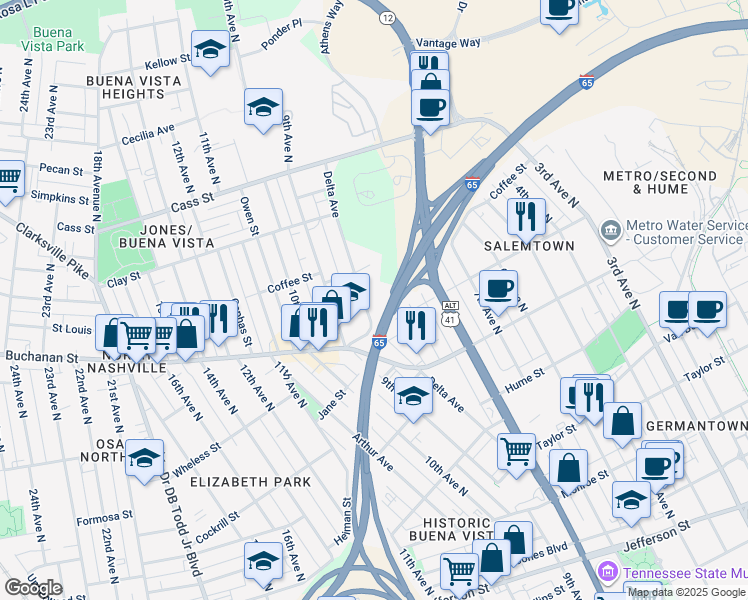 map of restaurants, bars, coffee shops, grocery stores, and more near 830 Buchanan Street in Nashville
