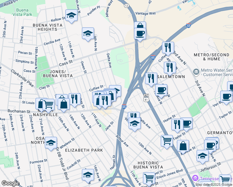 map of restaurants, bars, coffee shops, grocery stores, and more near 830 Buchanan Street in Nashville