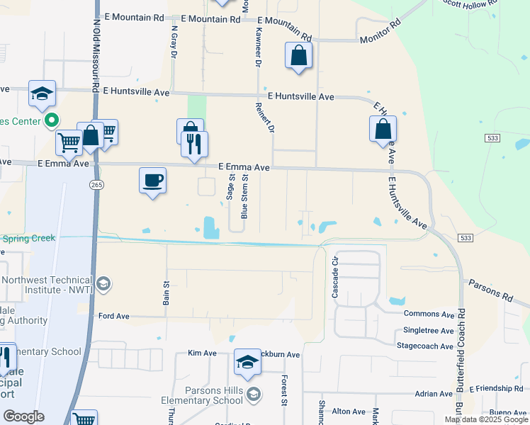 map of restaurants, bars, coffee shops, grocery stores, and more near 317 Erin Place in Springdale