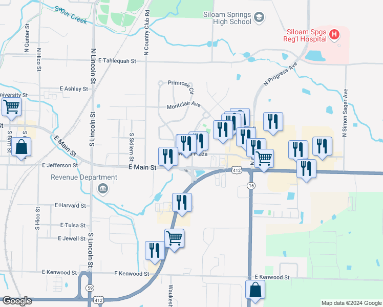 map of restaurants, bars, coffee shops, grocery stores, and more near 2075 E Main St in Siloam Springs