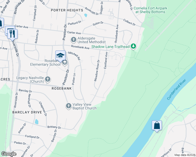 map of restaurants, bars, coffee shops, grocery stores, and more near 2712 Meadow Rose Drive in Nashville