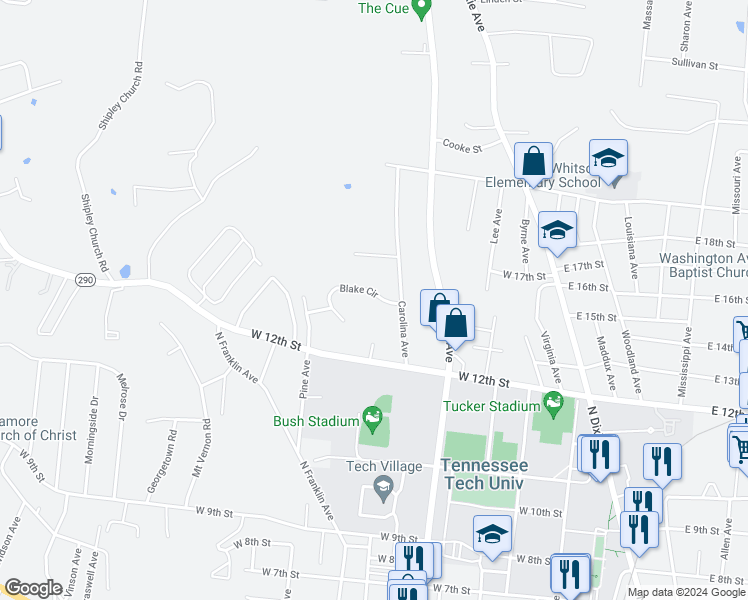 map of restaurants, bars, coffee shops, grocery stores, and more near 409 Blake Circle in Cookeville