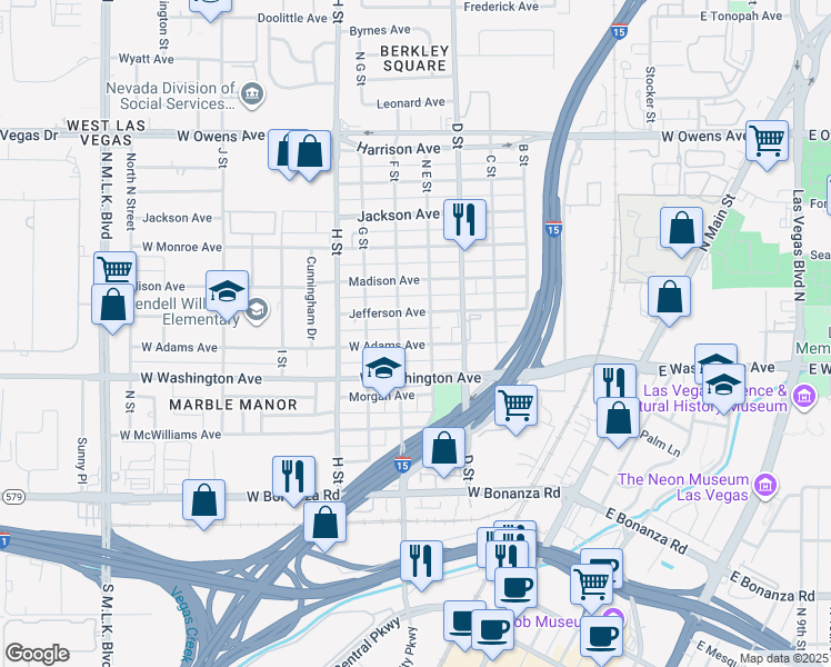 map of restaurants, bars, coffee shops, grocery stores, and more near 512 West Adams Avenue in Las Vegas