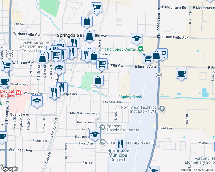 map of restaurants, bars, coffee shops, grocery stores, and more near 308 South Cleveland Street in Springdale