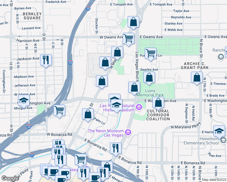 map of restaurants, bars, coffee shops, grocery stores, and more near 123 East Washington Avenue in Las Vegas