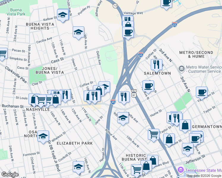 map of restaurants, bars, coffee shops, grocery stores, and more near 830 Buchanan Street in Nashville