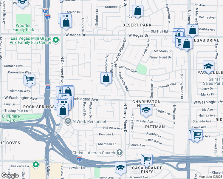 map of restaurants, bars, coffee shops, grocery stores, and more near Painted Peak Way in Las Vegas
