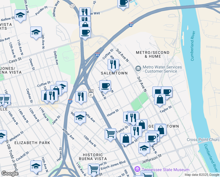 map of restaurants, bars, coffee shops, grocery stores, and more near 1726 6th Avenue North in Nashville