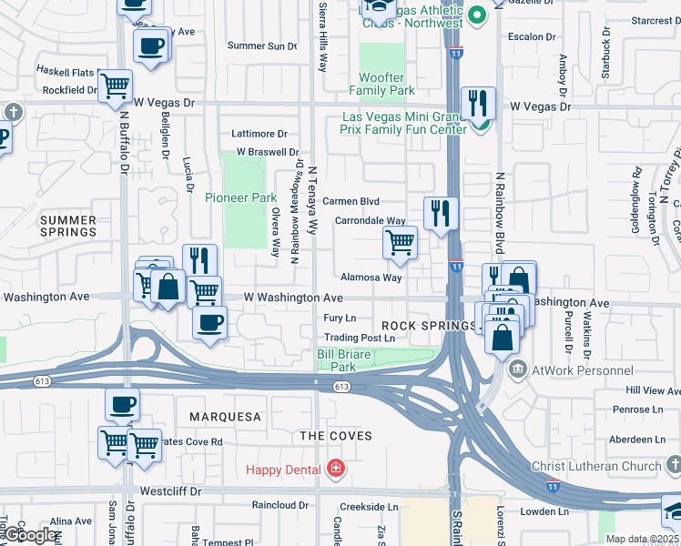 map of restaurants, bars, coffee shops, grocery stores, and more near 1005 Pagosa Way in Las Vegas