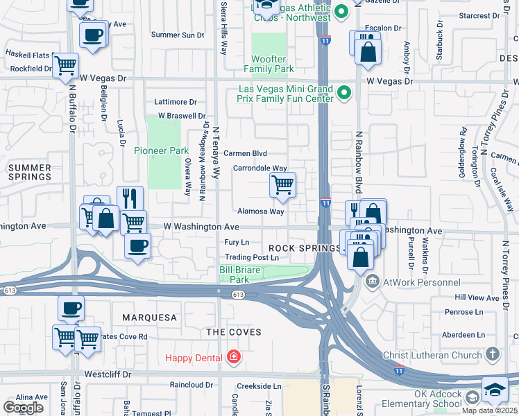 map of restaurants, bars, coffee shops, grocery stores, and more near 7100 Alamosa Way in Las Vegas