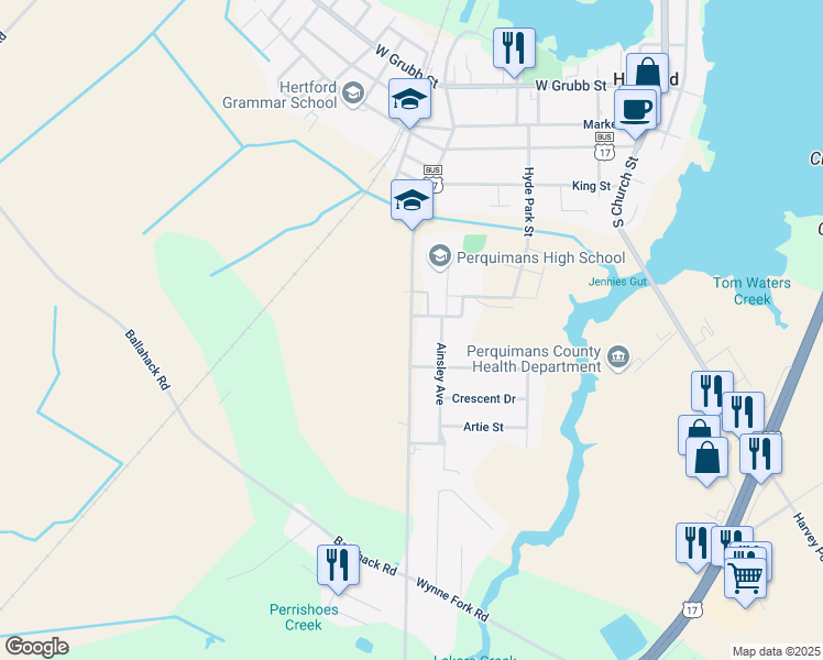 map of restaurants, bars, coffee shops, grocery stores, and more near 407 South Edenton Road Street in Hertford
