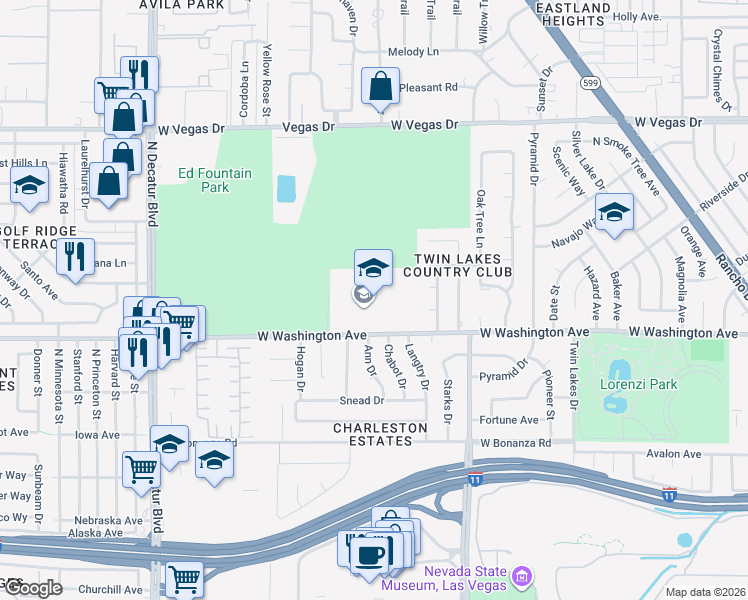 map of restaurants, bars, coffee shops, grocery stores, and more near 3900 West Washington Avenue in Las Vegas
