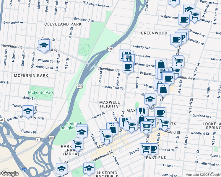 map of restaurants, bars, coffee shops, grocery stores, and more near 707 Myrtle Street in Nashville