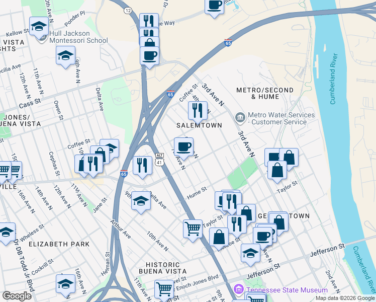 map of restaurants, bars, coffee shops, grocery stores, and more near 1726 6th Avenue North in Nashville