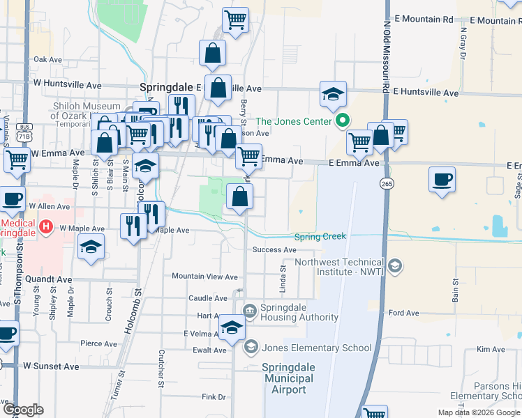 map of restaurants, bars, coffee shops, grocery stores, and more near 221 South Cleveland Street in Springdale