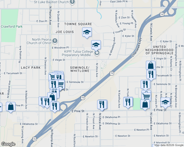 map of restaurants, bars, coffee shops, grocery stores, and more near 1624 East Virgin Street in Tulsa