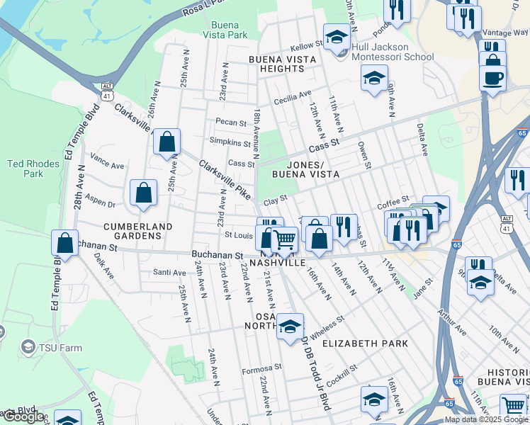 map of restaurants, bars, coffee shops, grocery stores, and more near 1914 Dr D.B. Todd Jr Blvd in Nashville