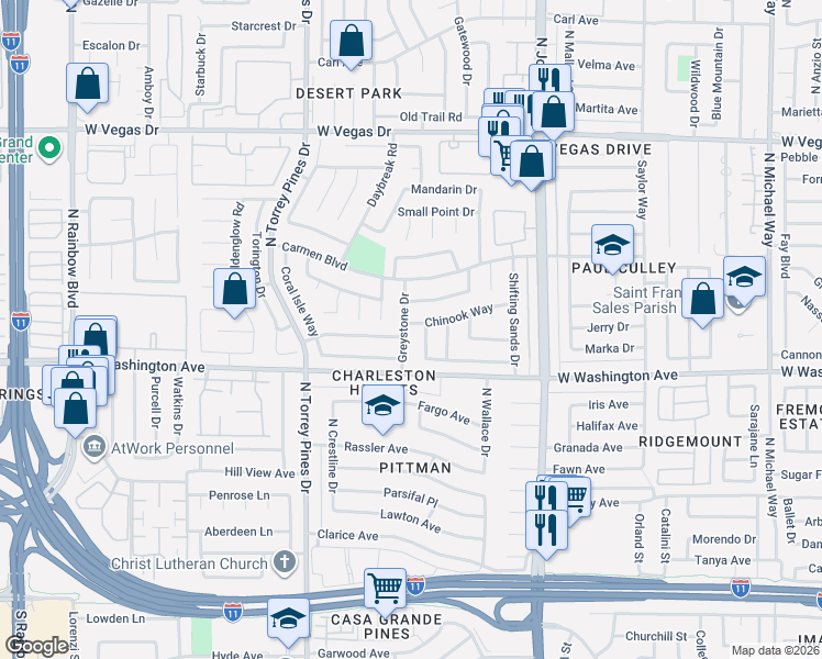 map of restaurants, bars, coffee shops, grocery stores, and more near 1013 Greystone Drive in Las Vegas