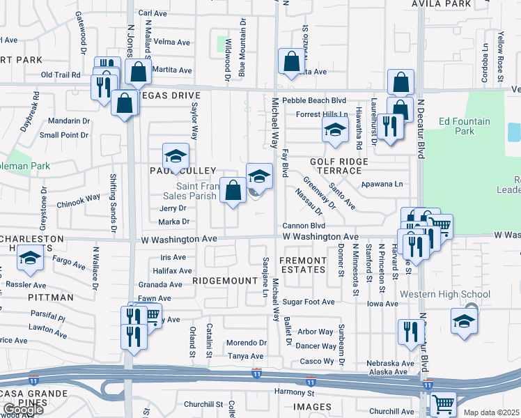 map of restaurants, bars, coffee shops, grocery stores, and more near 1111 Michael Way in Las Vegas